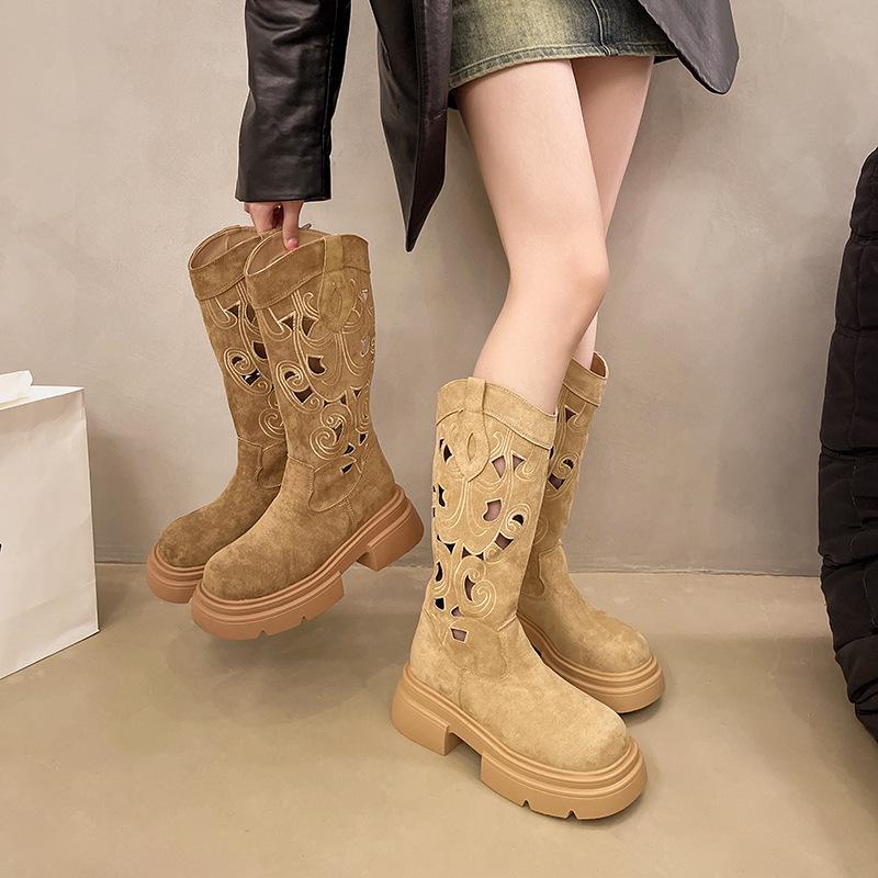 Inner Height Increase Thick Heel Western Cowboy Boots Women's Retro Knight Boots Spring and Summer Thin Ethnic Style Hollow Long Boots
