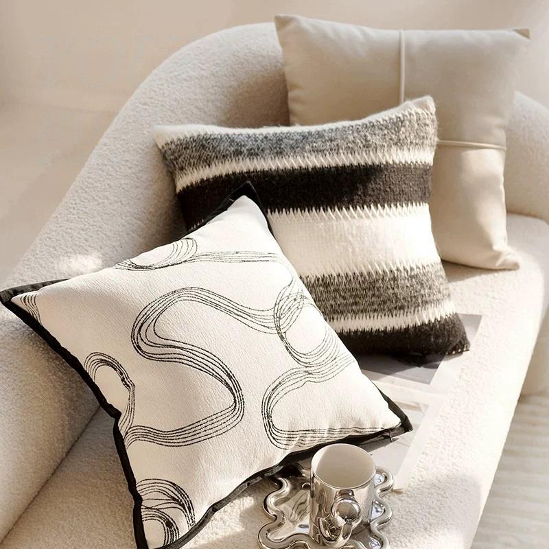 Black & White Modern Throw Pillow Covers Set - Neutral Abstract Striped & Plush Cushion Covers for Living Room Sofa Decor