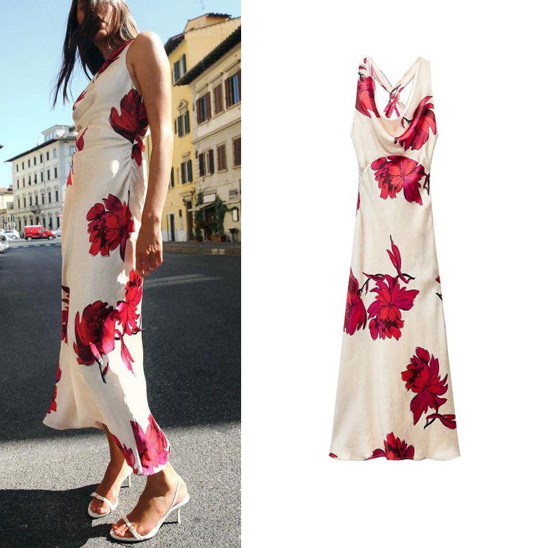 Spring New Evening Dress Skirt Back Cross Design Flower Print Silk Satin Texture Dress 8493150