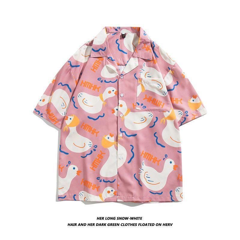 Straight Streetwear Fashion Casual Shirts Turn-down Collar Man Short Sleeve Button Printing Spring Summer Thin Men's Clothing