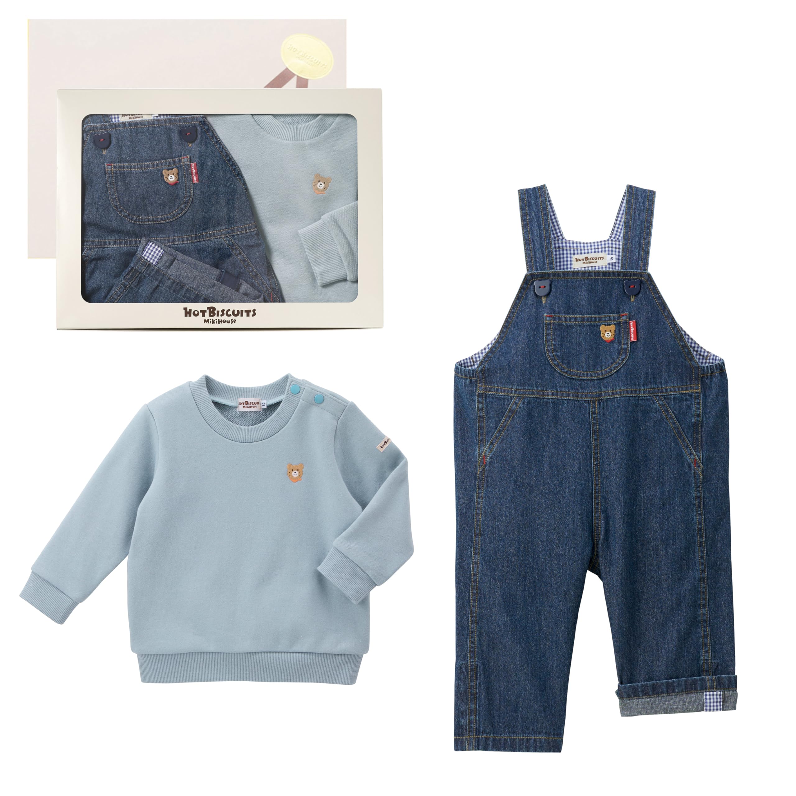 

MIKI HOUSE HOT BISCUITS Overalls & Sweatshirt Gift Set (Boxed) for Boys and Girls, Baby Clothes, Baby Shower Gift, Storm Blue, 80cm, 74-9955-146