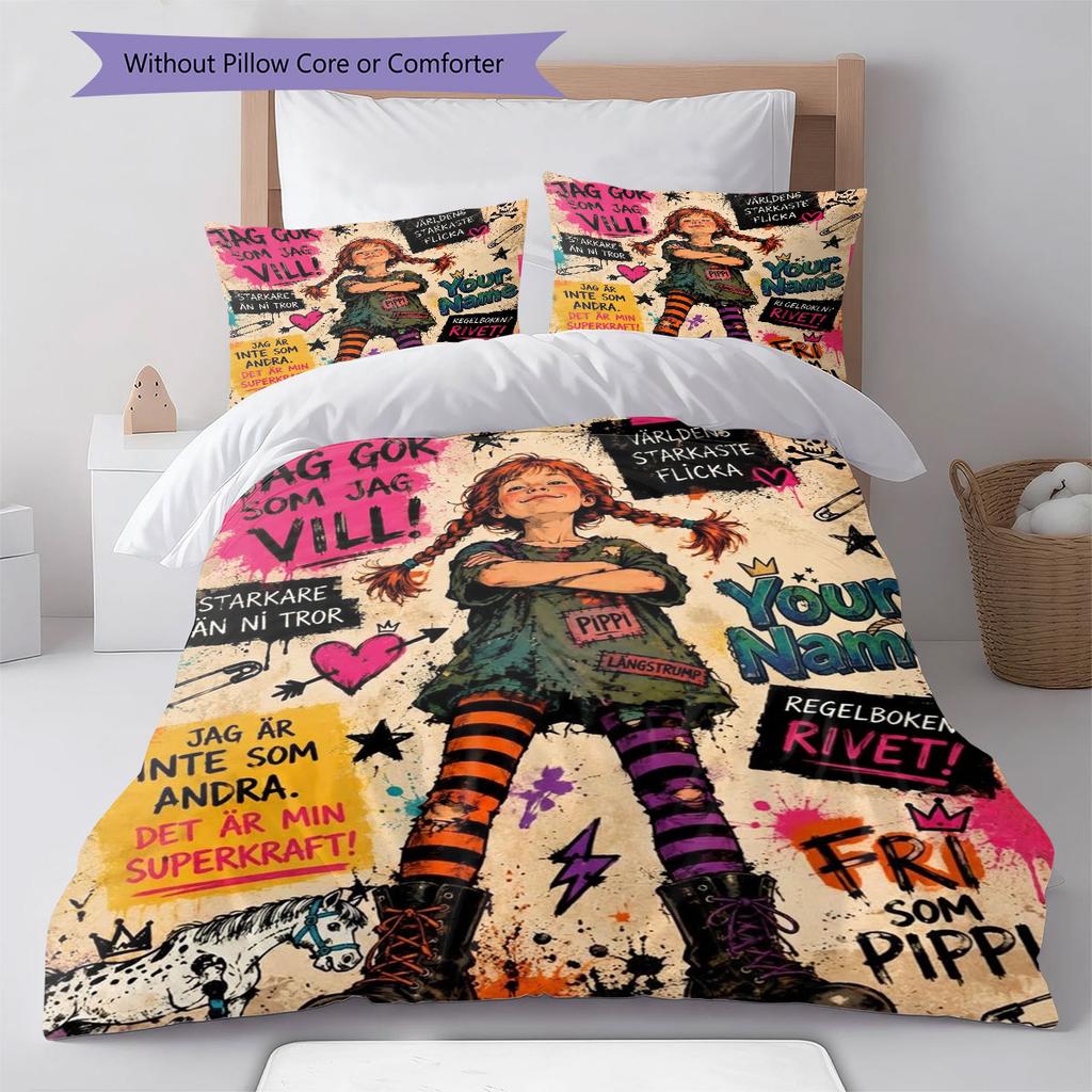 Pippi Longstocking Custom Name Pattern Bedding,Quilt Set Quilt Cover Pillowcase Home Birthday Gift(1 * duvet cover + 2 * pillowcase, without core)