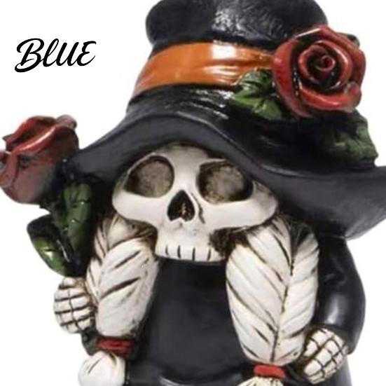 Gnome Table Centerpiece Halloween Skeleton Figurine Gothic Witch Hat Dwarf Statue Holiday Party Ornament Holding Rose Sculpture for Decoration