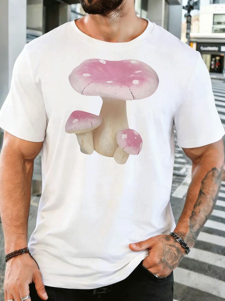Pink Spotted Mushroom Nature Art Unisexs Print T Shirt Cute Fungi Graphic Tee Casual Short Sleeve Top Botanical Nature Lover Gift