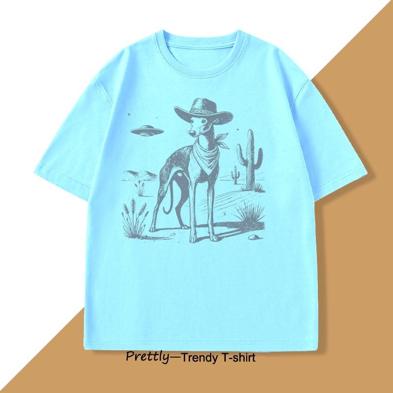Vintage UFO Western TShirt Cotton Retro Short Sleeve Tshirt Cowboy Wild West Dog Mom T Shirt Casual Round Neck Loose Tees Top