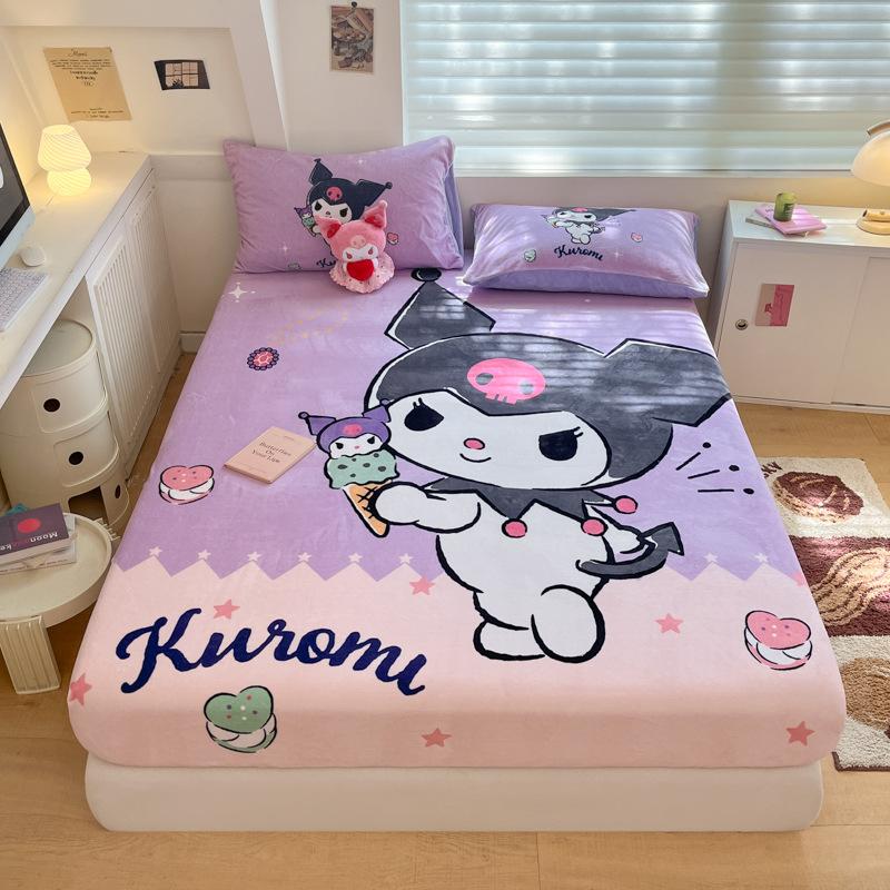 3D Pattern K-Kuromi Soft Bedding Fitted Sheet Deep Pocket 30Cm Cartoon H-Hello Kitty Fitted Sheets Fade Resistant Multiple Sizes