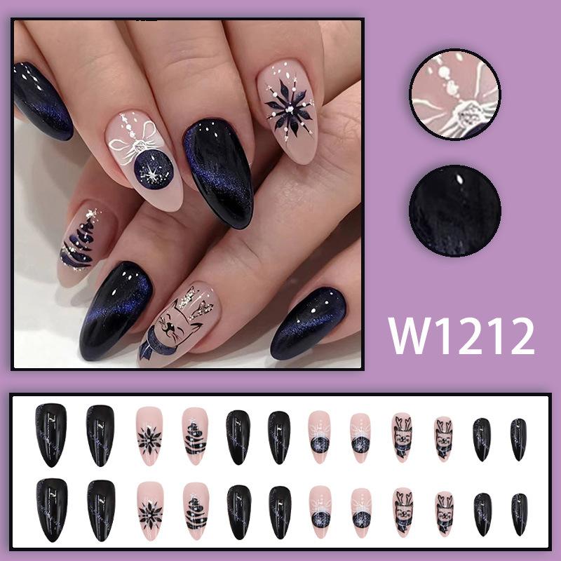 24Pcs Blue Black Night Sky Glitter Snowflake Reindeer Christmas French Press On Nails Perfect Gift For Girls