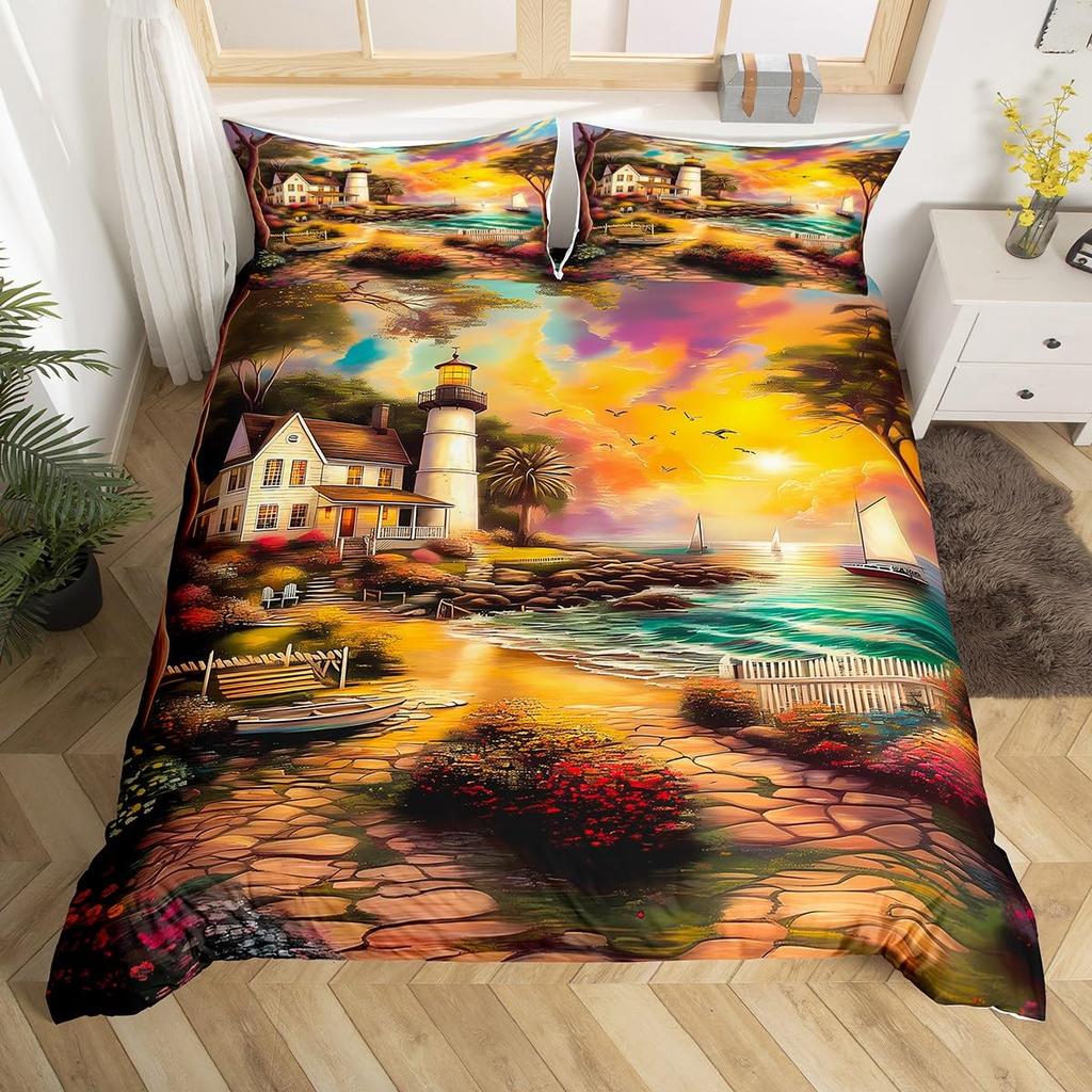 Ocean Beach Duvet Cover Full Lighthouse Comforter Cover Floral Butterfly Bedding Set for Adults Kids Summer Vacation Quilt Cover