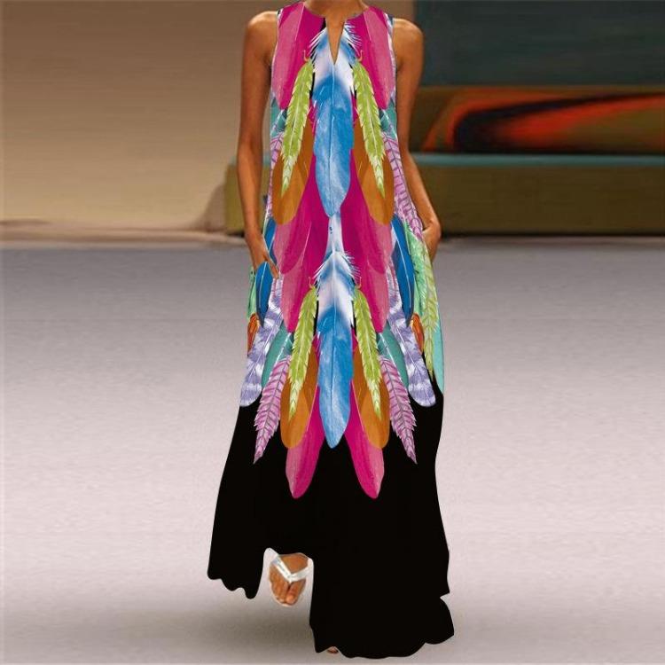 Sleeveless Summer Women's V-neck Dress with Digital Print and Pockets Size S-5XL Long