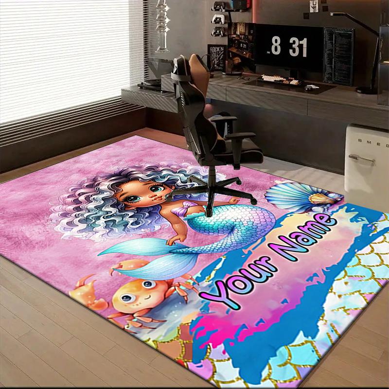 1PC Custom Name Mermaid Fantasy Cover Theme Floor Mat Ideal for Living Room, Game Rooms, Office, Bedroom Floor Mat Playful Design