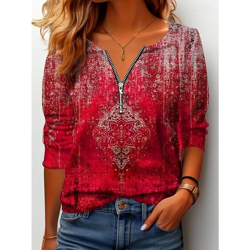 T-shirt da Donna Mezza Zip Manica Lunga Casual Grafica Pois Elegante Vintage Alla Moda Scollo a V Top Regolari