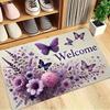 2D Flat Printing, 1pc New Purple Floral Butterfly Welcome Pattern Printed Doormat, Non-slip Soft Plush Floor Mat, Suitable for Indoor/outdoor Entryway