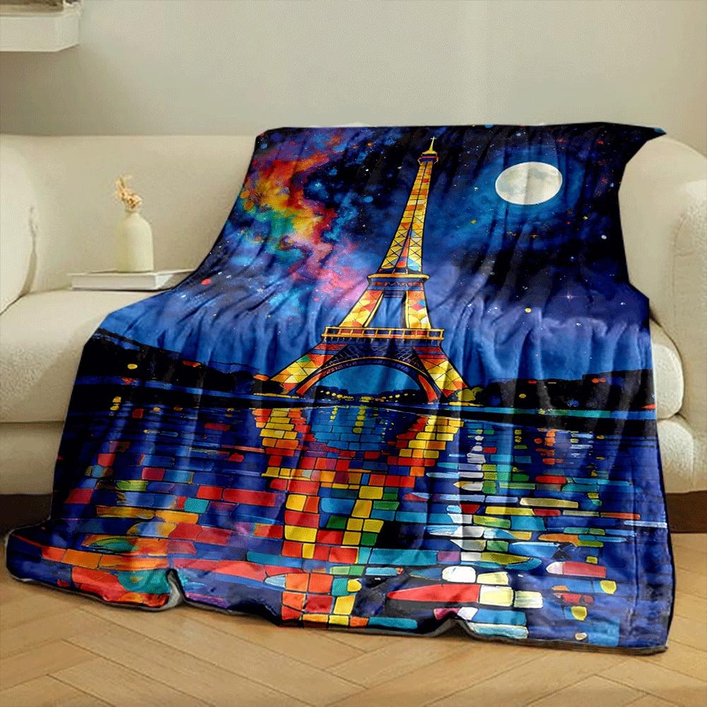 Colorful Eiffel Tower with vibrant sky and water reflection pattern. for all seasons blanket lunch break throw gift