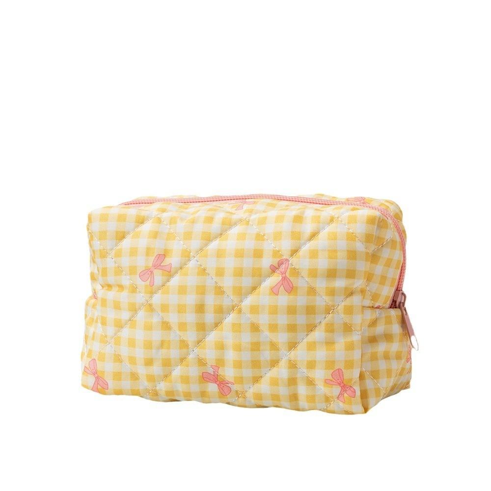 Korean Style Cotton Polyester Checkered Bow Makeup Bag With Zipper For Daily Use