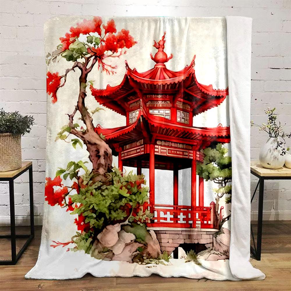Red Chinese Pavilion with Nature Background Patterned Flannel Blanket Perfect for the Bedroom Living Room, Sofa, or a Little Nap