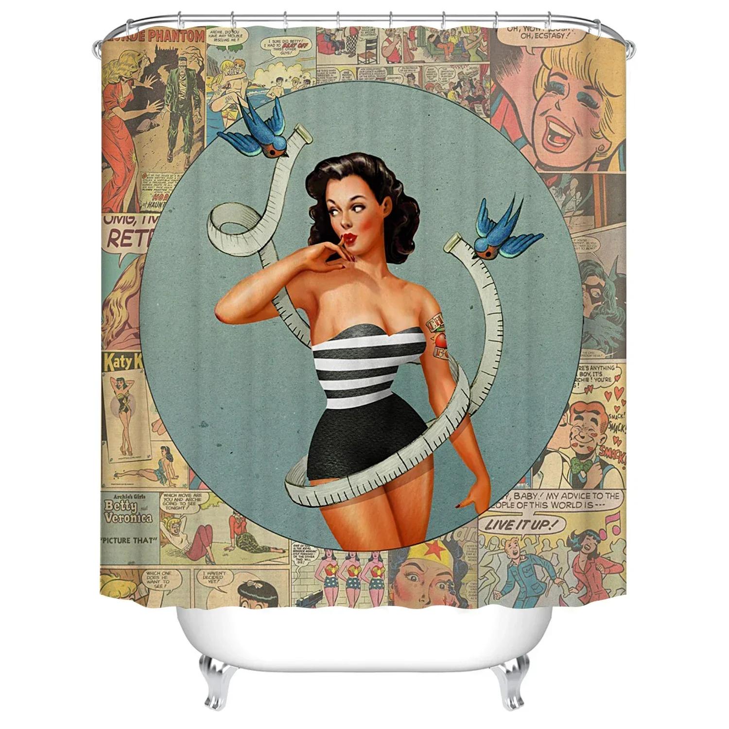 

Cartoon Girl Printed 3D Bath Curtains Waterproof Polyester Fabric Washable Bathroom Shower Curtain Screen With Hooks Accessories W60H190(CM)-1 Pcs