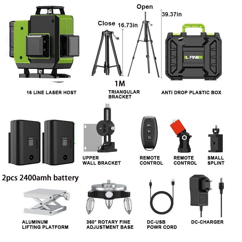 Lfine Nivel Laser 16 Lines Professional Laser Level Horizontal Vertical Green Laser Automatic 360°Self-Leveling Level Laser Tool