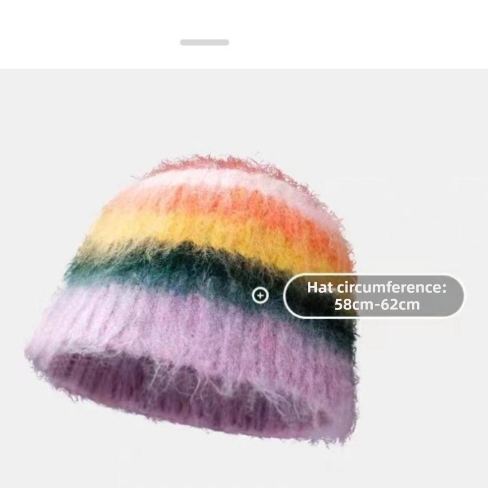 Colorful Striped Knitted Hat Soft Cotton Crochet Beanie Hat New Woolen Bucket Cap  Unisex