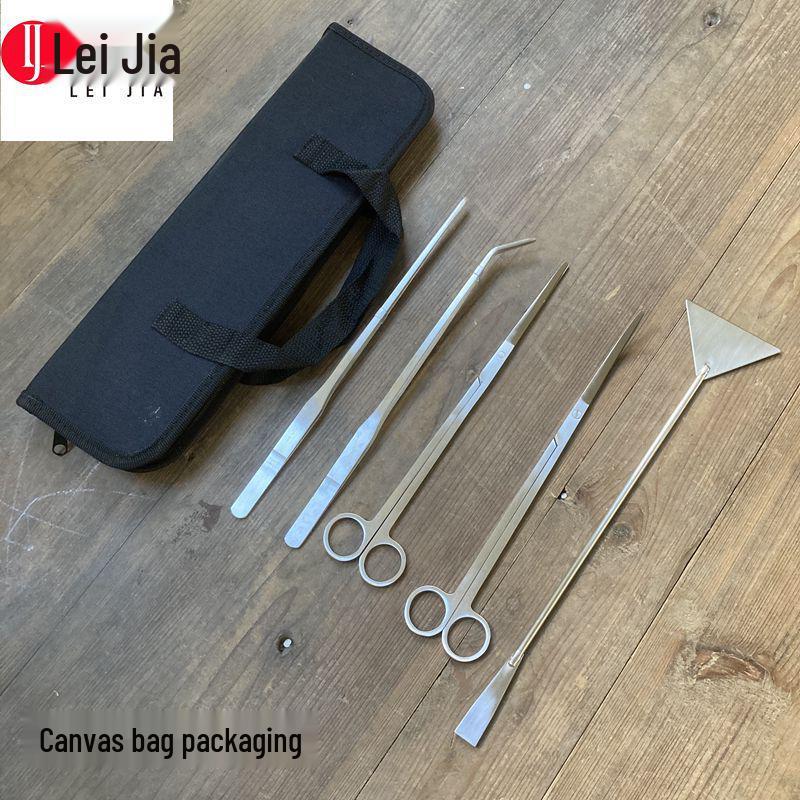 Aquatic Plant Tool Set: Stainless Steel Tweezers, Scissors, Sand Shovel, Sand Polisher, Mirror Black, 5-Piece.