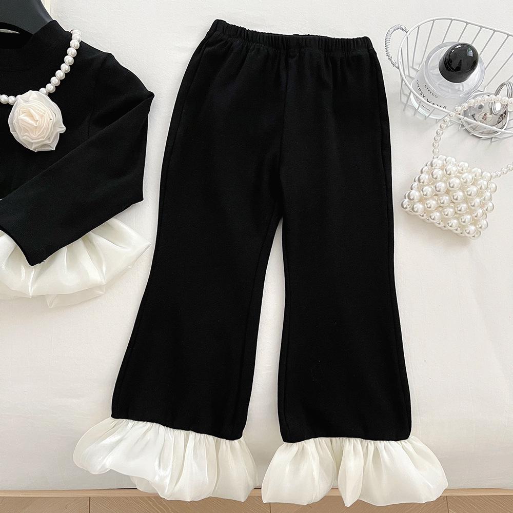 Korean Style Girls' Autumn 2026 Two-Piece Set: Long Sleeve Ruffle Top & Elastic Micro Flare Pants