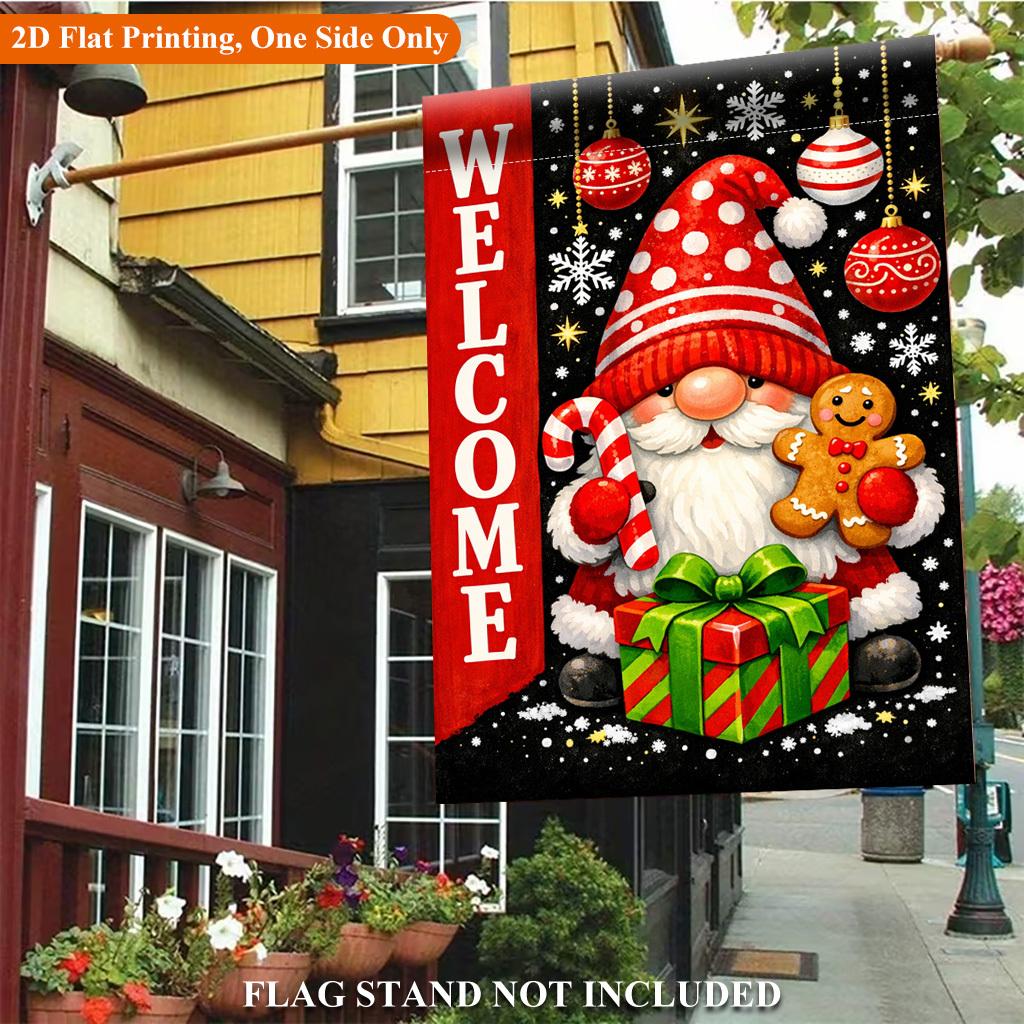 Gnome Santa Holds Candy Gift Single Sided Polyester , Garden Flag - Single-Sided, Polyester, Outdoor Yard Decor