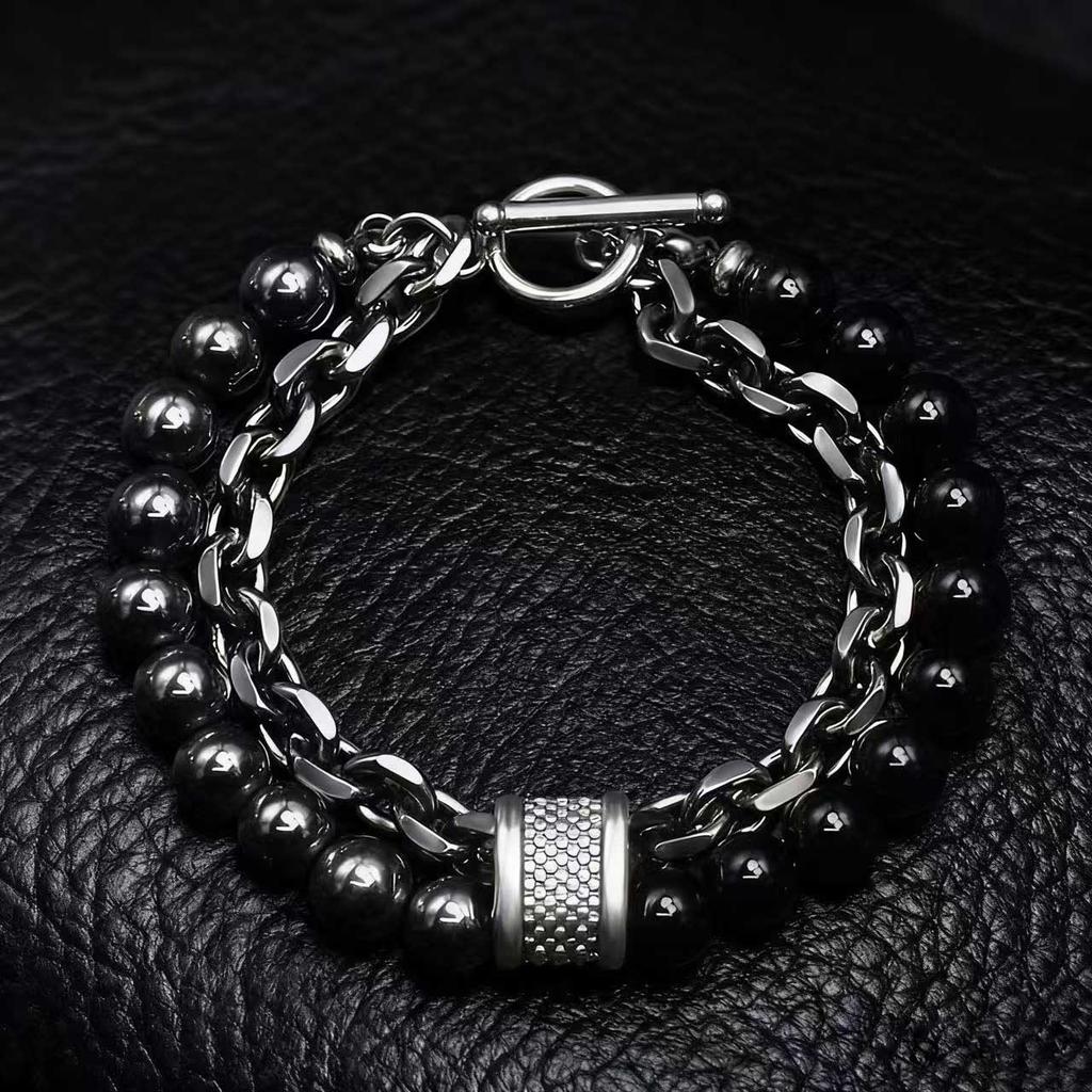 Malachit Kartenstein Herrenarmband - Perlenarmband aus Edelstahl im Retro-Stil - Schmuck