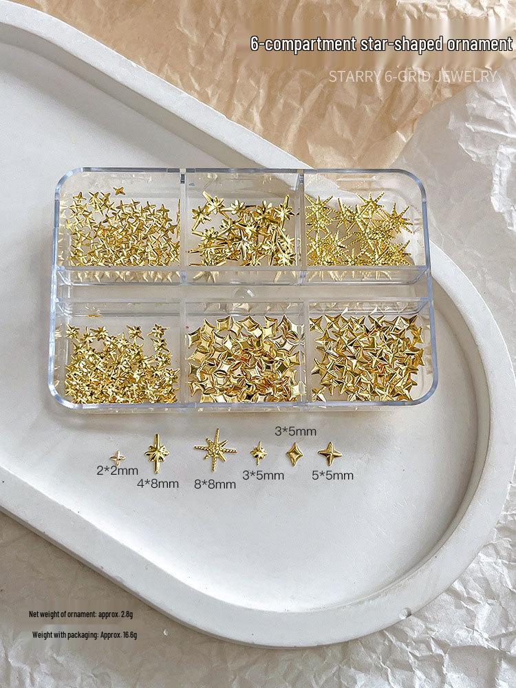 Starry Sky Gold Four-Pointed Star Nail Art Decorations - Light Luxury Alloy, 6-Grid Box