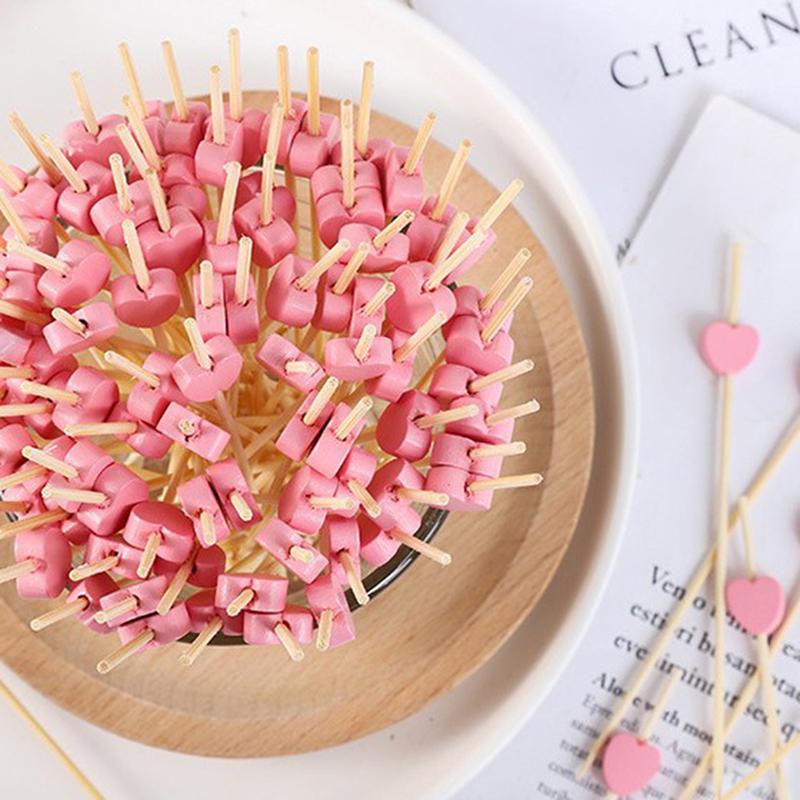 100 ks/sáček bambusové tyčinky na jídlo ve tvaru srdce, bufetové košíčky, ovocné vidličky, dortíky, dezertní tyčinky