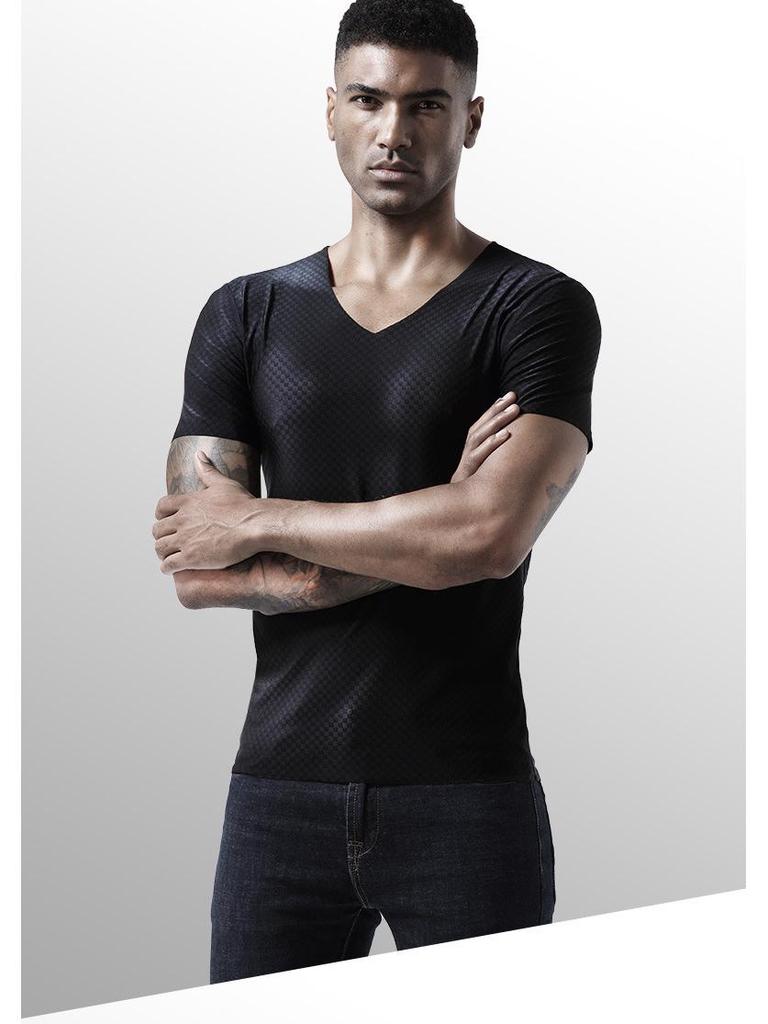 Men's V-Neck Ice Silk Quick-Dry Seamless Slim Fit Short-Sleeve Sports T-Shirt