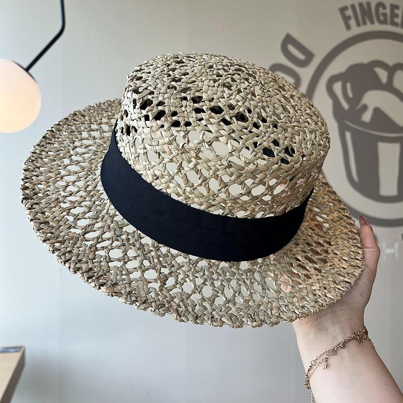 French Hepburn style salty grass woven retro straw hat women's spring summer straw woven big brim seaside vacation sun hat