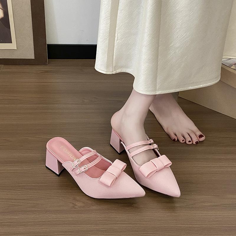 Französische High Heels Sommer neuer Temperament 2025 Schleifenslipper Tasche Kopf Halber Feenstil Einzelne Schuhe Damenschuhe