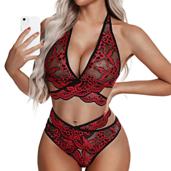 Sexy Lace Underwear Set Floral Lace Bralette And Panty Babydoll Outfits Halter Bra V Waist Briefs Women 2 Piece Underwear Set