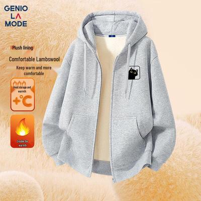 GENIOLAMODE Men's Sherpa-Lined Hooded Cardigan with Cat Print