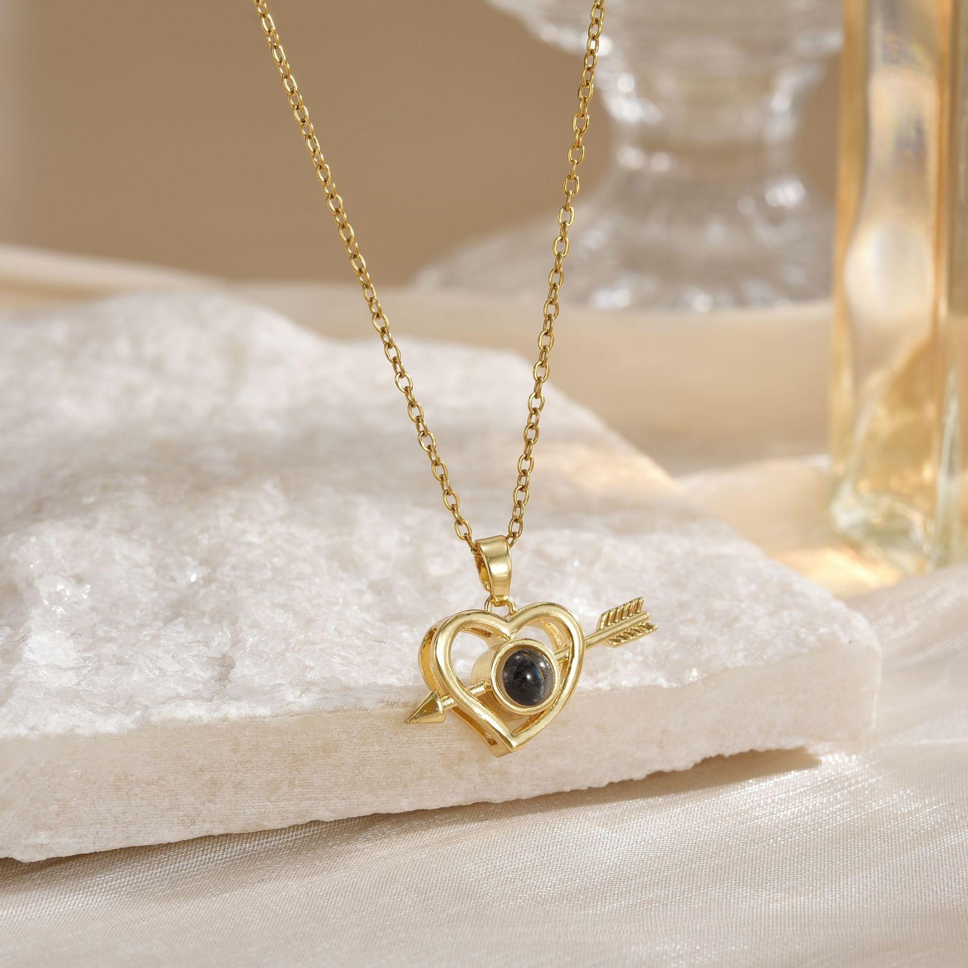 100 Languages I Love You Projection Necklace with Heart and Arrow Pendant - Customizable Photo Option for Women