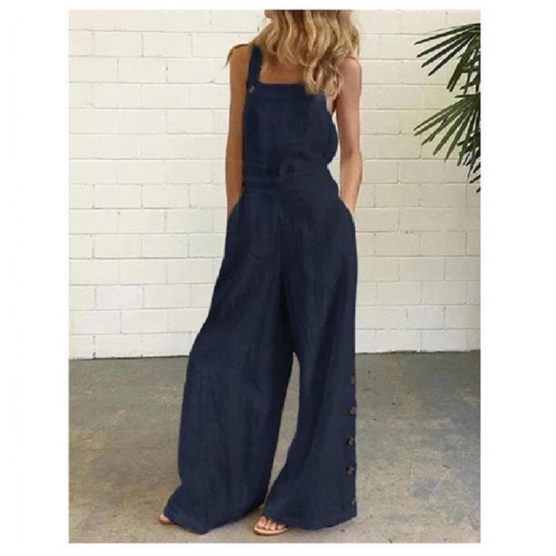 

Женский однотонный повседневный комбинезон без рукавов с широкими карманами по бокам и пуговицами XXL синий