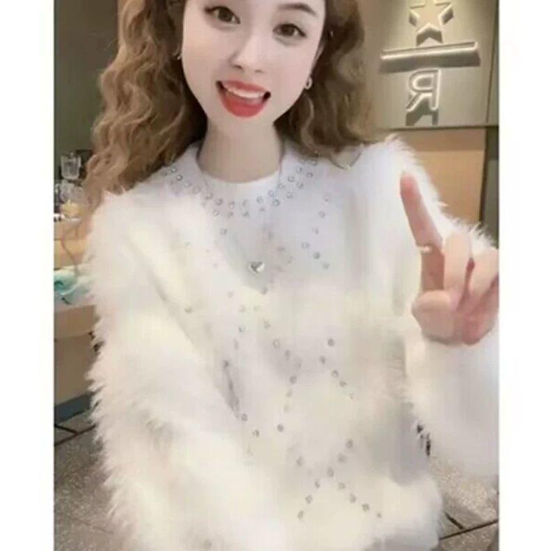 

Женский зимний пушистый свитер крупной вязки в корейском стиле с ромбовидной вышивкой, повседневная одежда XXL белый