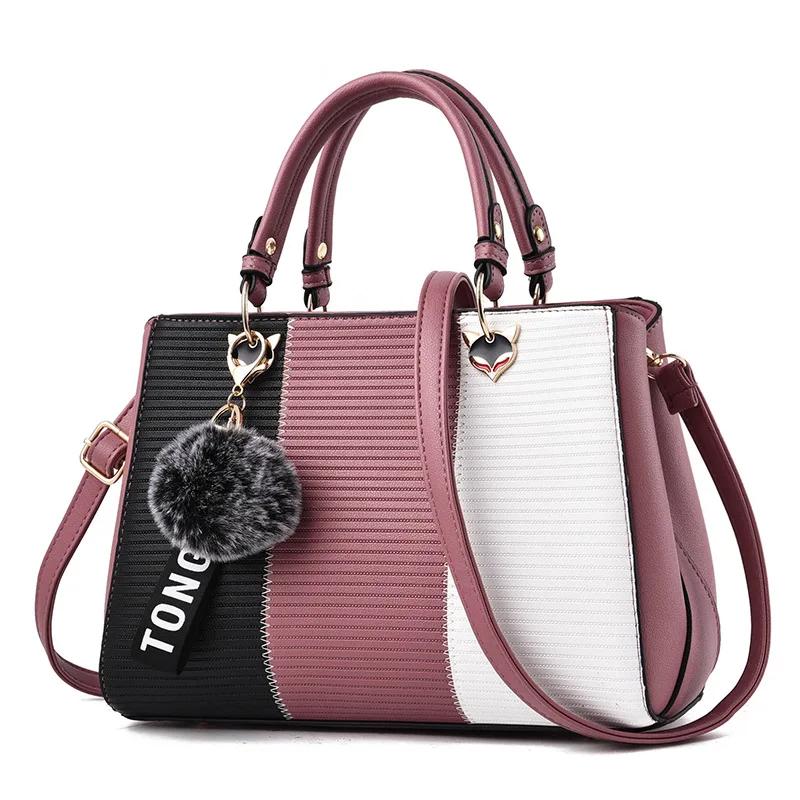 Women's New Fashi Hair Ball Pendant Stitching Ladies Handbag Trend All-match Retro PU Messenger Bag Shoulder Bag Wallet