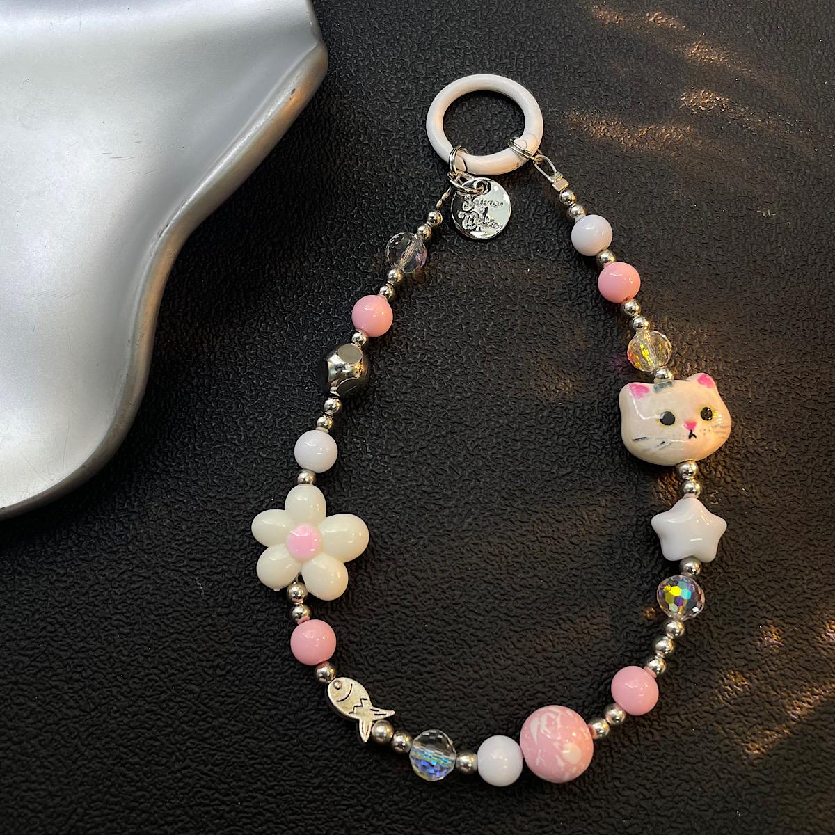 New Phone Chain Beaded Bow Cute Cat Charm Accessory Wrist Strap for Mobile