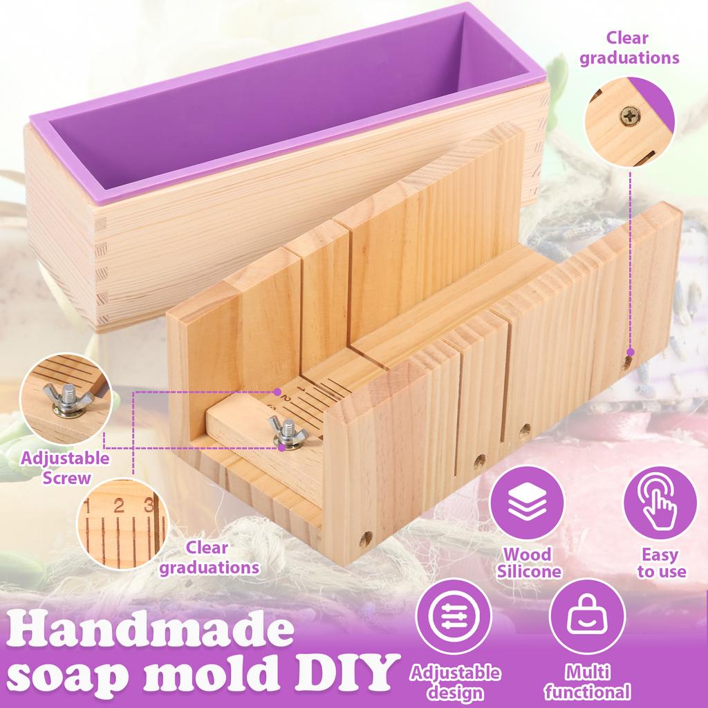 Wooden Soap Loaf Mould Set Rectangle Silicone Mould with Adjustable Wood Mold Cutter Box for DIY Soaps Making Bread Dessert