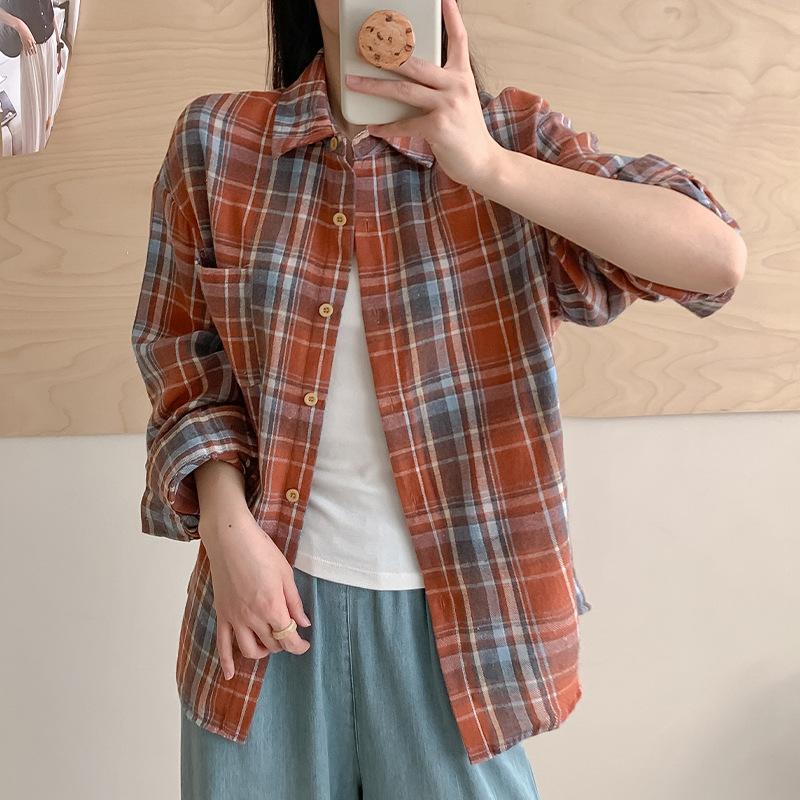 Retro Plaid Shirt Plain Tops Spring Autumn Lapel Long Sleeve Shirts Women Chic Loose Blouse Asian Size