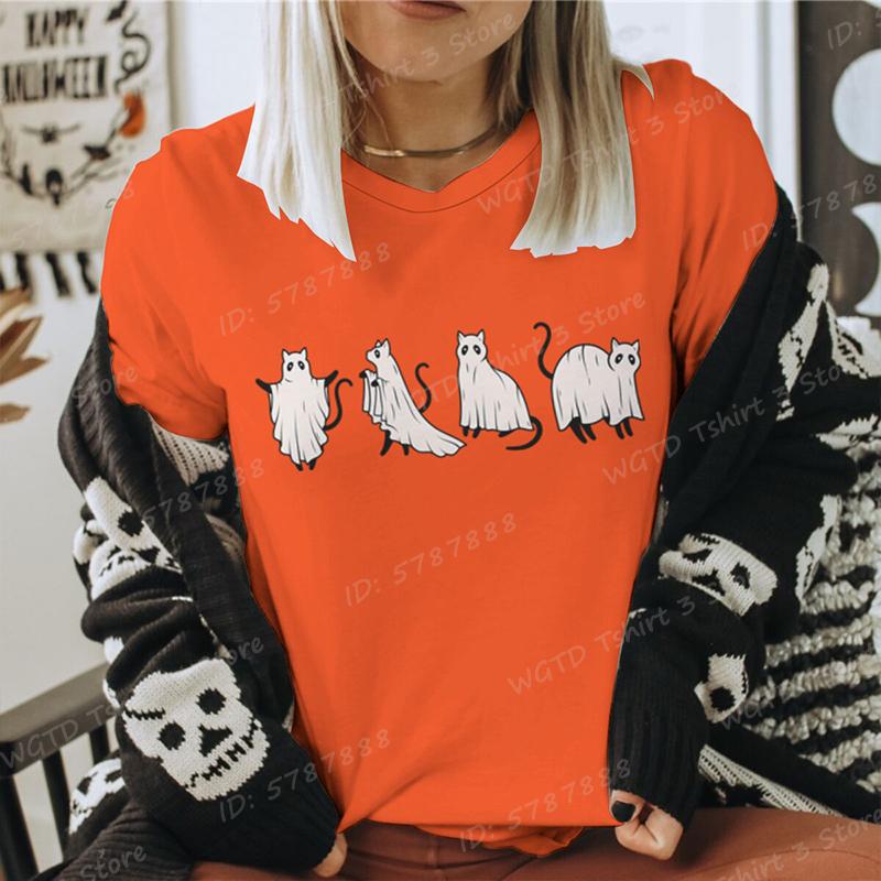 Funny Halloween Skeleton  Pumpkin Letter Print Tshirts Trendy Casual Short Sleeve Crew Neck Tees Tops Womens Clothing S
