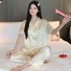 Light Luxury Solid Color High-End Lace Light Luxury Ice Silk Pajamas Women'S Summer Short-Sleeved Trousers Loungewear Set
