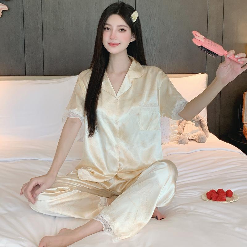 Легкая Роскошь Однотонный Высококачественный Кружевной Легкий Роскошный Шелковый Ледяной Комплект Пижамы Женский Летний С Коротким Рукавом Брюки Комплект для Отдыха 2XL