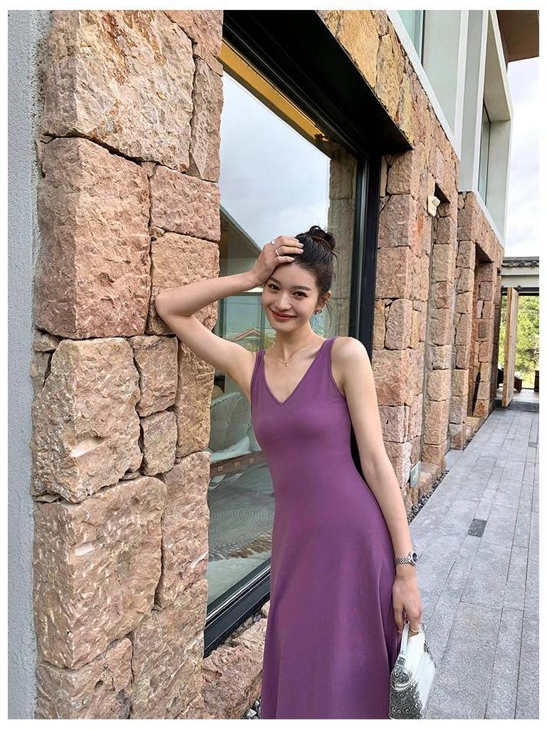 Dopamine Purple V-Neck Ice Silk Knitted Sleeveless Tank Dress for Women - Summer Vacation Style