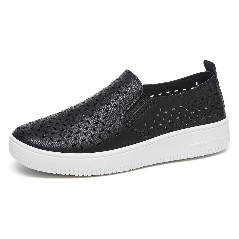 Hollow-out Women's Shoes, Breathable Perforated Thick-sole White Sneakers, Slip-on Lazy Soft-sole Casual Single Shoes.