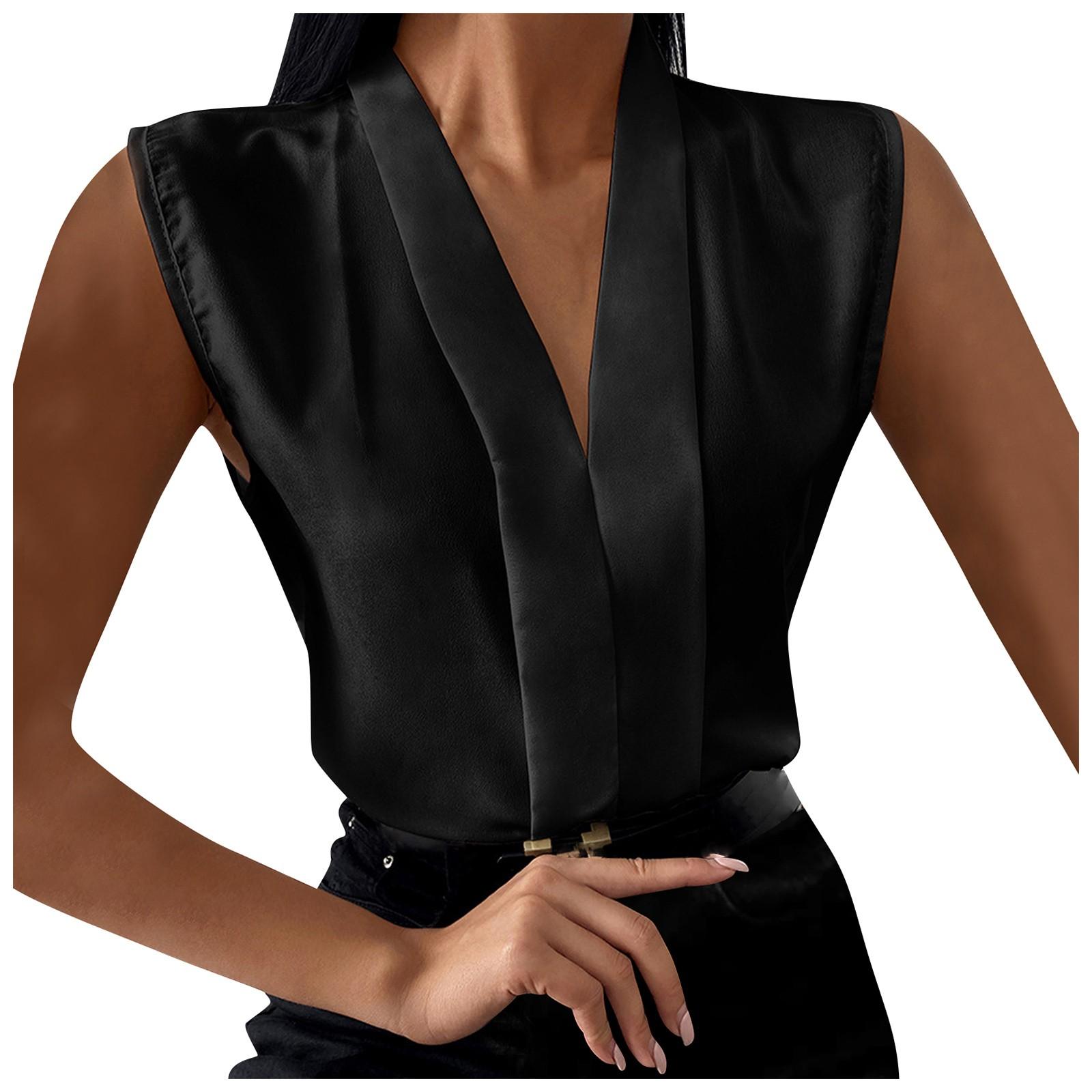 

Women s Fashion Color V-Neck Chiffon Sleeveless Tank Top T-Shirt Blouse Top L чёрный