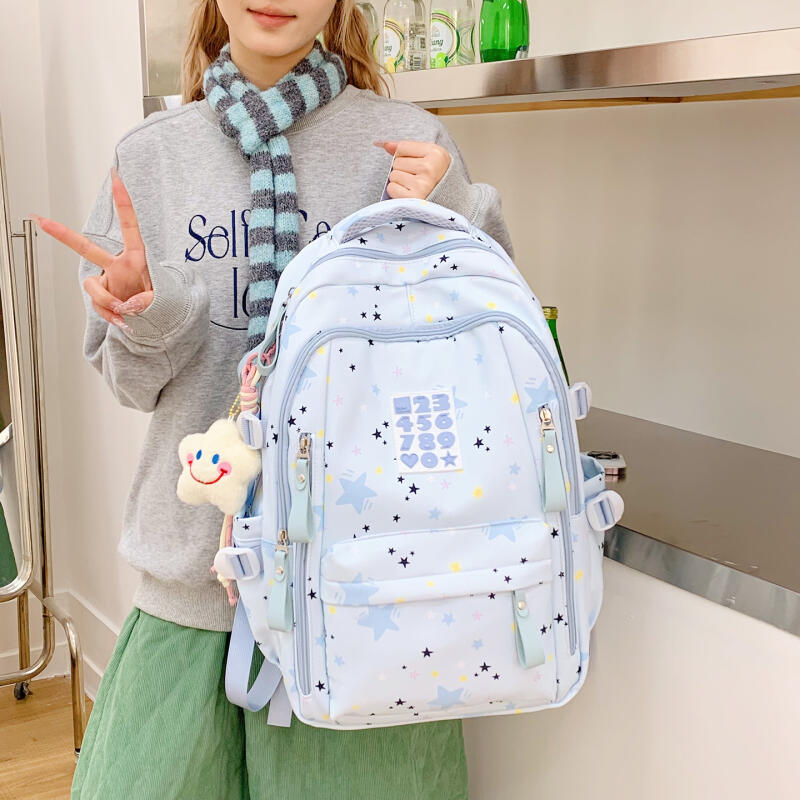 Cute Star-Print Nylon Backpack – Stylish & Lightweight School Bag for Girls, Teens, and Women
