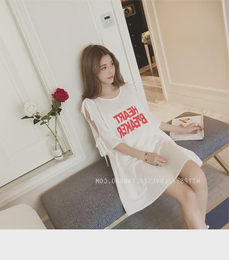 2024 Korean Style Off-Shoulder Bowknot Print Mid-Length T-shirt Dress with Five-Point Sleeves.
