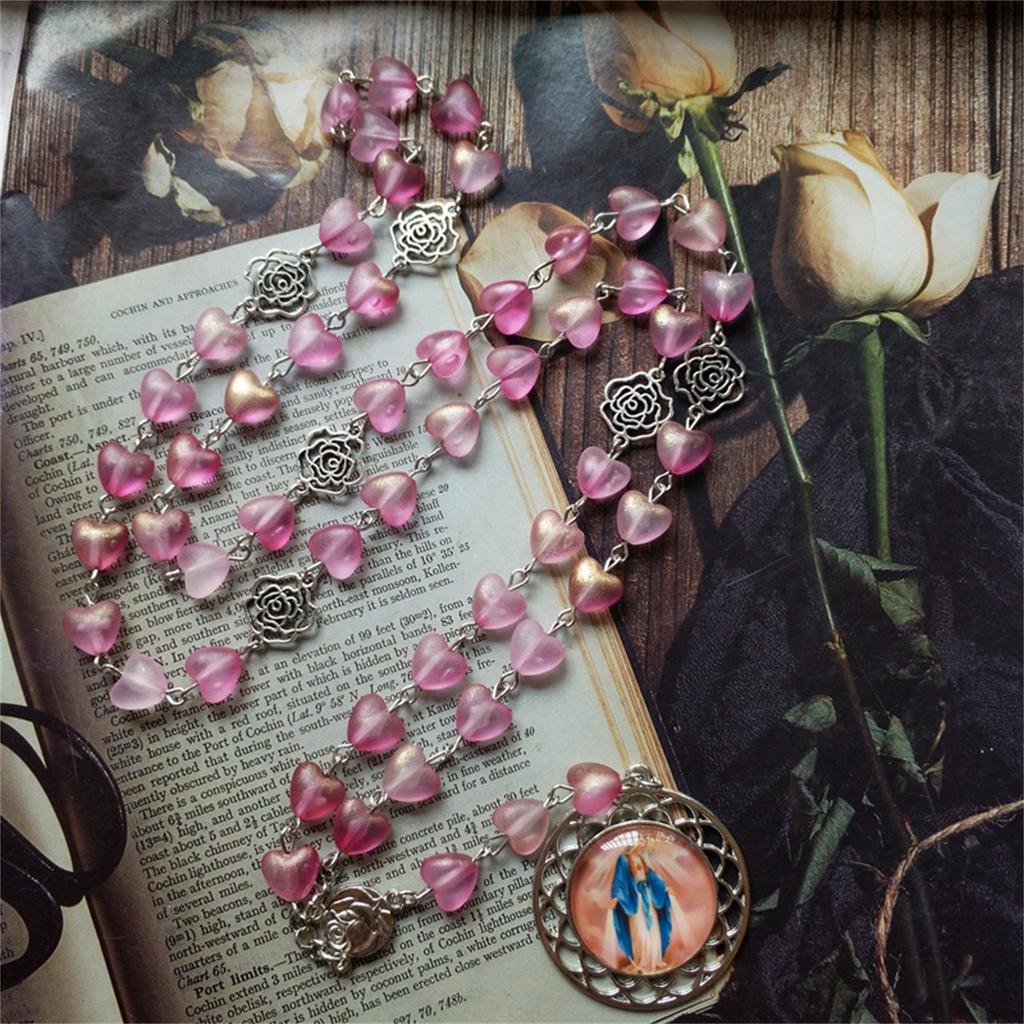 Elegante Rosenherz-Perlen Glasanhänger Rosenkranz-Halskette Christliches Gebet Modischer Vintage-Halsschmuck für den täglichen Gebrauch