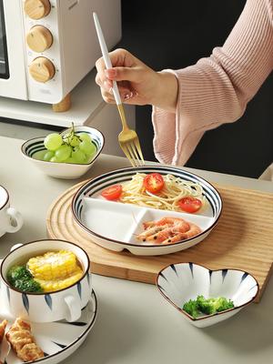 Piatto in ceramica giapponese a scomparti per frutta e verdura, piatto da portata rotondo sotto smalto, disco separatore per stoviglie